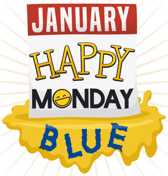 свободный лист календарь с приветствием сообщение и всплеск для голубого понедельника - blue monday stock illustrations