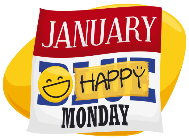 kalendarz z luźnym skrzydłem z happy label i taśmą na blue monday - blue monday stock illustrations