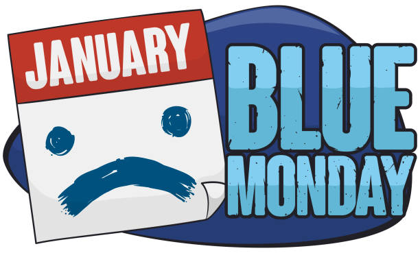 kalendarz z luźnym skrzydłem ze smutną twarzą pomalowaną na niebieski poniedziałek - blue monday stock illustrations