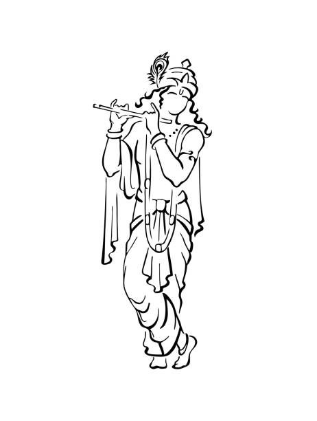 stockillustraties, clipart, cartoons en iconen met lord krishna in beautiful clothes and crown, playing bansuri flute. god of protection, love, compassion. original sketch - vera pauw