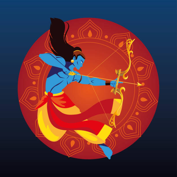 lord ram cartoon with bow and arrow in front of red mandala vector design lord ram cartoon with bow and arrow in front of red mandala design, Happy dussehra festival and indian theme Vector illustration ramayana stock illustrations