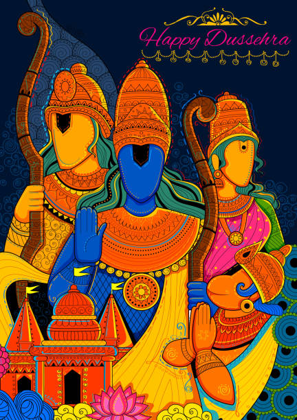 Lord Ram, Sita, Laxmana, Hanuman and Ravana in Dussehra Navratri illustration of Lord Ram, Sita, Laxmana, Hanuman and Ravana in Dussehra Navratri festival of India poster vishnu stock illustrations