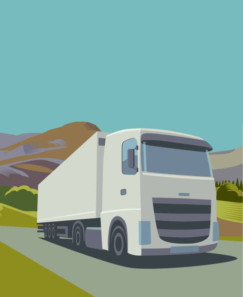 Lorries or Trucks Retro styled Lorries or Trucks on Urban motorway and landscapes. Suggesting Border issues after UK leaves European Union. Brexit, Border, economy, truck borders stock illustrations