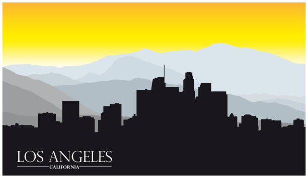 illustrazioni stock, clip art, cartoni animati e icone di tendenza di skyline californiano di los angeles con montagne e caratteri - los angeles