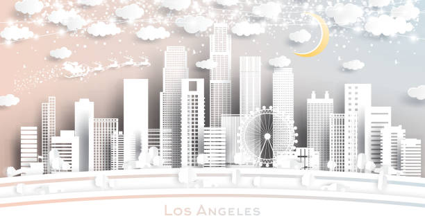 ilustraciones, imágenes clip art, dibujos animados e iconos de stock de los angeles usa city skyline en estilo de corte de papel con copos de nieve, luna y guirnalda de neón. - lunar new year