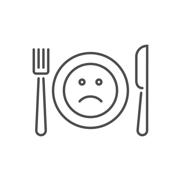 Loss of appetite related vector thin line icon Loss of appetite related vector thin line icon. Cutlery - knife, fork and plate. On a plate a sad smiley. Isolated on white background. Editable stroke. Vector illustration. hungry stock illustrations