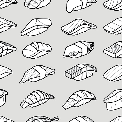 A Lot Of Sushi In Black Outline Array On Light Grey Background Cute ...