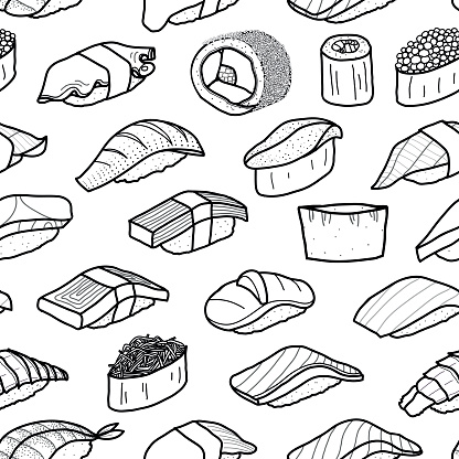 A Lot Of Sushi In Black Outline Random On White Background Cute ...