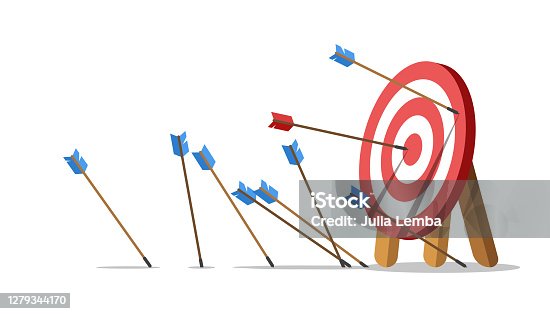 istock Lots arrows missed hitting target mark and only one hits the center. 1279344170