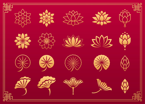 Lotus flower asian ornament. Chinese and Japanese gold ornaments of lotus flower, leaves and blossom isolated on red background with gold frame. Vector set of asian decorations.