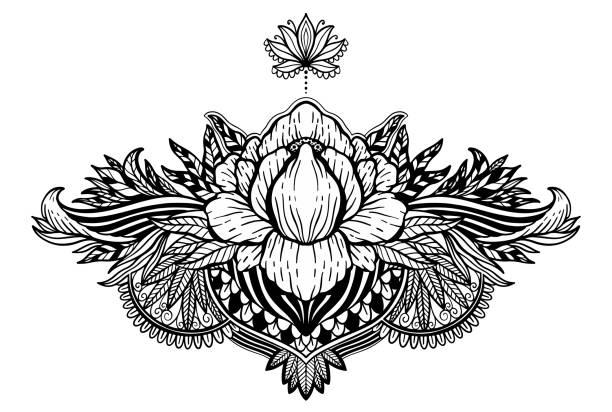 lotus blume ethnisches symbol. schwarze farbe in weißem hintergrund. tattoo-design-motiv, dekorationselement. sign asian spiritualität, nirvana und unschuld. - lotusblume tattoo stock-grafiken, -clipart, -cartoons und -symbole