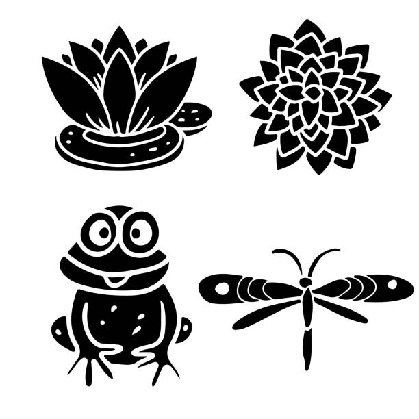 Lotus flower. Frog. Dragonfly Lotus flower. Frog. Dragonfly. Cartoon black hand drawn set isolated on white background frog clipart black and white stock illustrations