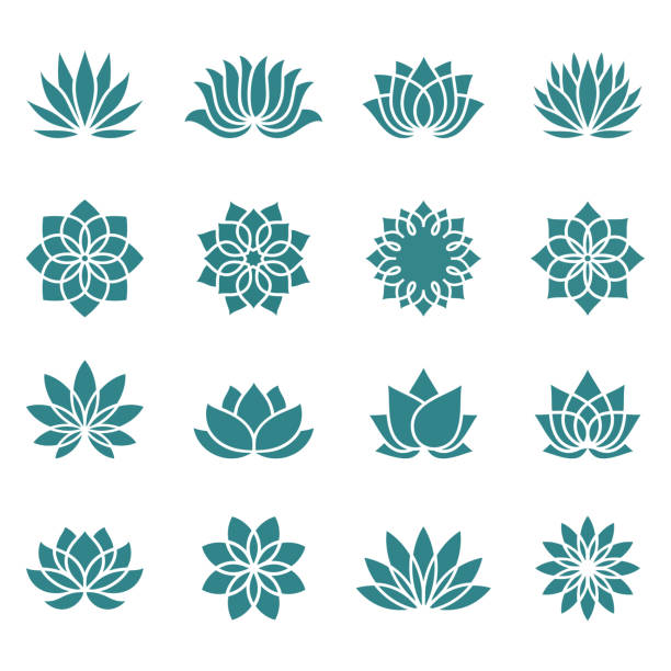 Lotus flower icons Lotus icons set on a white background. Abstract lotus flower in trendy flat style. Collection logos, icons, symbols and emblems for your health and wellness business. Spa sign. Yoga design. Vector illustration. yoga backgrounds stock illustrations
