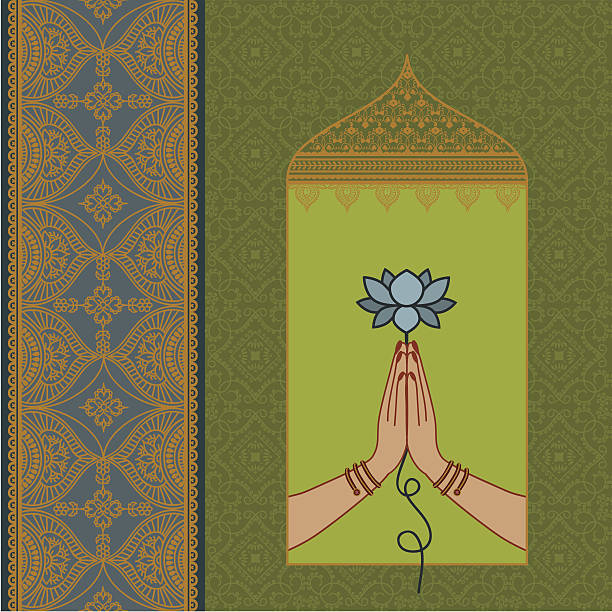 Lotus Hands Two hands pressed together in the namaste pose, with a luscious lotus. Lots of ornate details, including floral border and wallpaper pattern. (Includes .jpg)  namaste greeting stock illustrations
