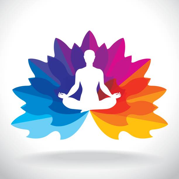 Lotus Pose With Petals Vector illustration of a yoga pose silhouette with colorful petals or leaves with a spectrum colors yoga silhouettes stock illustrations