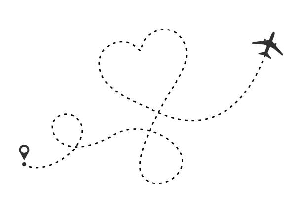 Love airplane route. Heart dashed line trace and plane routes isolated on white background. Romantic wedding travel, Honeymoon trip. Hearted plane path drawing. Love airplane route. Heart dashed line trace and plane routes isolated on white background. Romantic wedding travel, Honeymoon trip. Hearted plane path drawing. Vector illustration airplane backgrounds stock illustrations