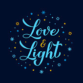 Love and Light calligraphy hand lettering. Hanukkah quote typography poster. Vector template for banner,  greeting card, invitation, flyer, etc.