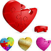 Love Concept - Set 3D Heart Puzzle. Broken and Whole. It is easy to change the color. Vector Illustration.