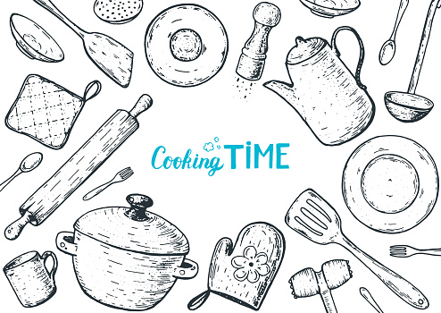 Love cooking illustration. Kitchen utensils hand drawn vector illustration. Cooking time sketch collection. Different kitchen utensils set.