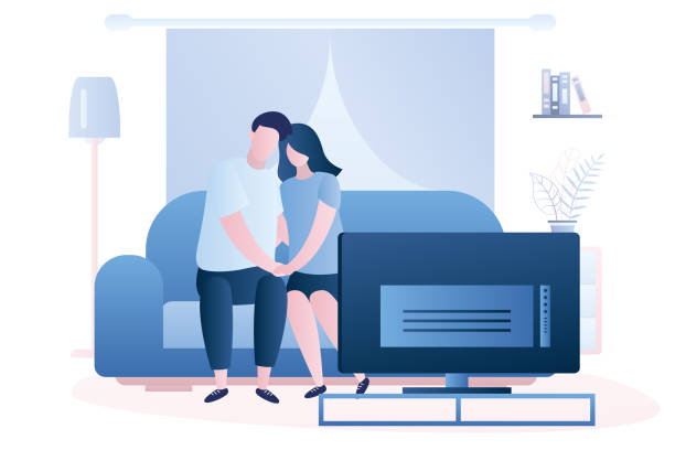 ilustrações de stock, clip art, desenhos animados e ícones de love couple is sitting on the couch and watch tv, living room interior with furniture. - family modern house window