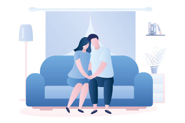 Love couple is sitting on the couch, living room interior with furniture. Love couple is sitting on the couch, living room interior with furniture. Male and female characters in trendy style. Vector illustration date night stock illustrations