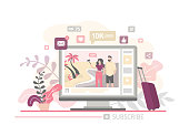 Love couple makes a video blog on the tropical coast. Travel vlog concept. Story for social networks and icons of likes, hearts, hashtags. Video content on monitor display. Vector illustration