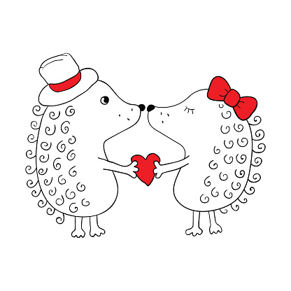 Love hedgehogs on white background. Greeting card