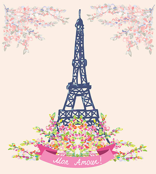 Love in Paris nice card - vintage floral design vector art illustration