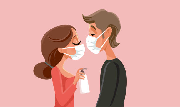 illustrazioni stock, clip art, cartoni animati e icone di tendenza di illustrazione vettoriale love in quarantine pandemic times - couple kiss