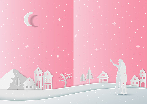 Love in winter concept with paper art on romance background