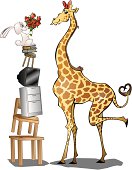 A rabbit is giving roses to his giraffe girlfriend