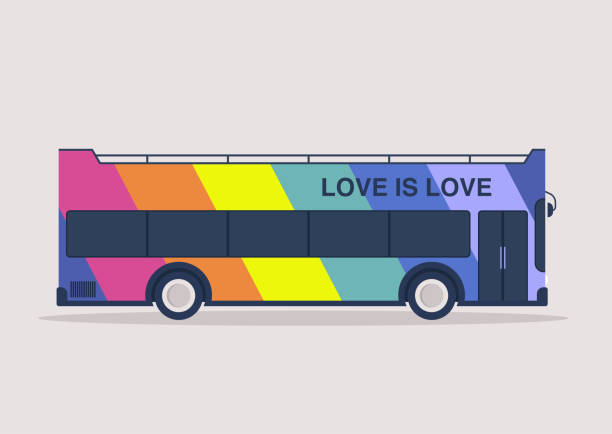 사랑은 사랑, 다채로운 무지개 lgbtq 버스, 해피 프라이드 달, 게이, 레즈비언, 양성애자, 트랜스젠더, 퀴어 커뮤니티 권리 - progress pride flag stock illustrations