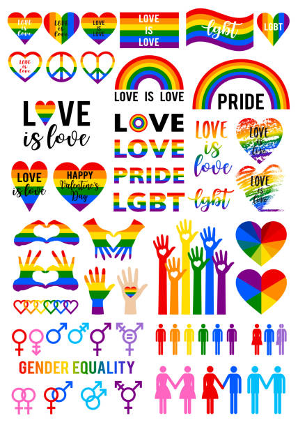 Love is love, rainbow flag, lgbt pride, vector set Love is love, LGBT, gay, pride, rainbow flag, heart symbols, hand signs, gender icons, set of vector graphic design elements pride stock illustrations