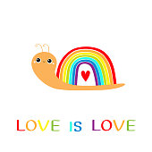 Love is love text quote. Rainbow snail insect bug on white background. Red heart. Colorful line set. Greeting card. LGBT community. Flat design. Vector illustration