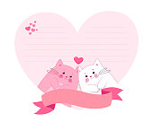 A love letter heart shape template. Lovely cute wish list with cats and hearts. Cartoon Kitten Character. Vector illustration. Perfect for greeting card, invitation, note paper with empty space.
