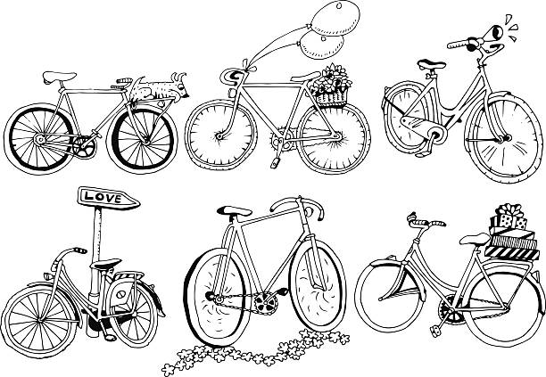 I Love My Bicycle Set Collection of hand drawn bicycles for design. cycling drawings stock illustrations