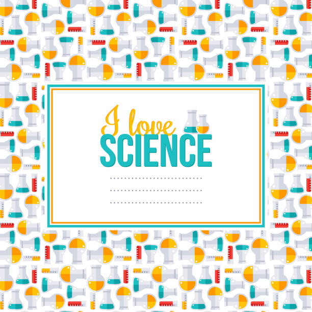 I love science, pattern with square frame, flask and tubes. I love science, pattern with square frame. Vector illustration. Back to school background.  Chemistry laboratory equipment flat icons, flask and tubes. Scientific Research, Chemical Experiment. laboratory borders stock illustrations