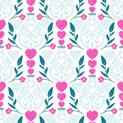 Love Valentine Swans in a Bottle vector Seamless Pattern