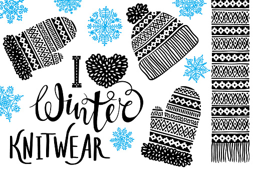 I love Winter Knitwear. Knitted woolen hat, mitten, scarf with patterns, snowflakes. Winter sale shopping concept to design banners, price or label. Isolated vector illustration