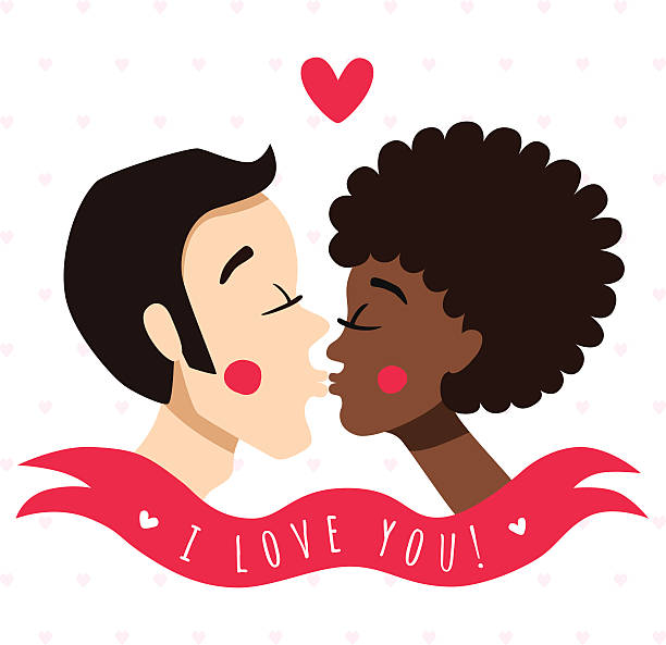 I love you card and background with kissing couple I love you card and background with kissing couple (brunette young man and African American young woman), ribbon and heart african american valentine stock illustrations