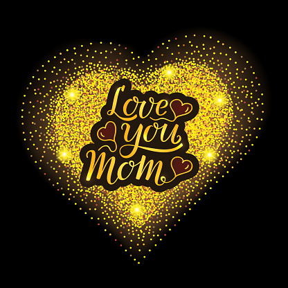 Love you Mom handwritten golden text with dark red balloon hearts on a large gold glitter heart on a black background.