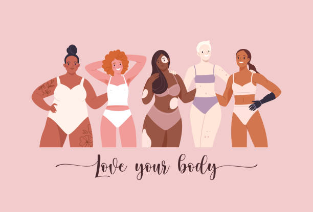 Love Your Body body-positive banner concept. Vector illustration of pretty  young women of diverse ethnicities and body types, standing in casual underwear. Isolated on light pink background cartoon of fat lady in swimsuit stock illustrations