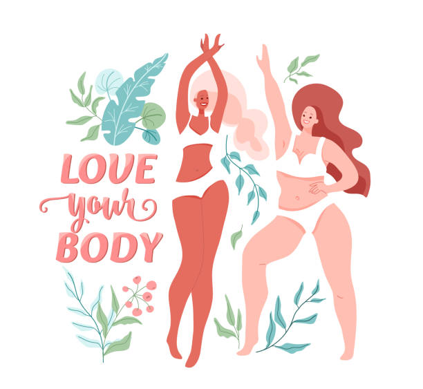 Love your body vector illustration with two different beautiful dancing women wearing in lingerie, bra and bikini. Body positive, girl power concept. Self esteem design. Text, floral nature elements Love your body vector illustration with two different beautiful dancing women wearing in lingerie, bra and bikini. Body positive, girl power concept. Self esteem design. Text, floral nature elements. cartoon of fat lady in swimsuit stock illustrations