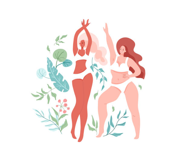 Love your body vector illustration with two different beautiful dancing women wearing in lingerie, bra and bikini. Body positive, girl power concept. Self esteem design. Floral nature elements Love your body vector illustration with two different beautiful dancing women wearing in lingerie, bra and bikini. Body positive, girl power concept. Self esteem design. Floral nature elements. cartoon of fat lady in swimsuit stock illustrations