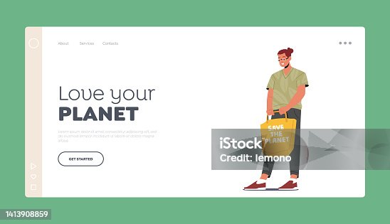 istock Love your Planet Landing Page Template. Adult Man Carrying Products in Textile Eco Bag. Package, Natural Green Packing 1413908859
