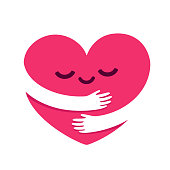 Love yourself, cute cartoon heart character hug. Kawaii heart with hugging arms. Self care and happiness vector illustration.