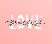 Love yourself quote. Single word. Modern calligraphy text. Design print for t shirt, pin label, badges, sticker, greeting card, banner. Vector illustration black and white. ego