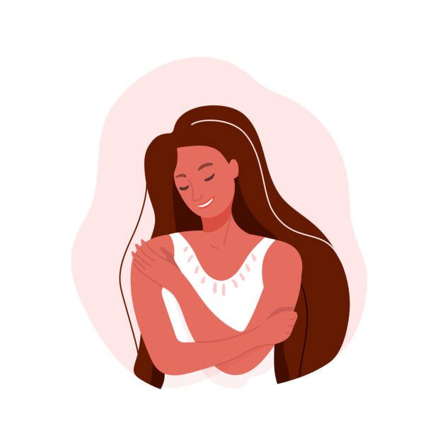 愛你自己向量插圖。微笑的女人擁抱自己。在白色背景上隔離的身體護理設計概念 - 身體保養 幅插畫檔、美工圖案、卡通及圖標