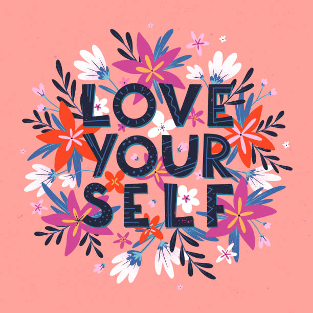 Love yourself vector illustration, stylish print for t shirts, posters, cards and prints with flowers and floral elements Love yourself vector illustration, stylish print for t shirts, posters, cards and prints with flowers and floral elements.Feminism quote and woman motivational slogan.Women's movement concept. quotes about family love stock illustrations