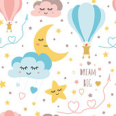 Lovely childish background made of cartoon signs hearts, stars, clouds moon air balloon in the sky. Sweet dream card in vector. Awesome seamless pattern in cartoon style Baby stars and clouds design.